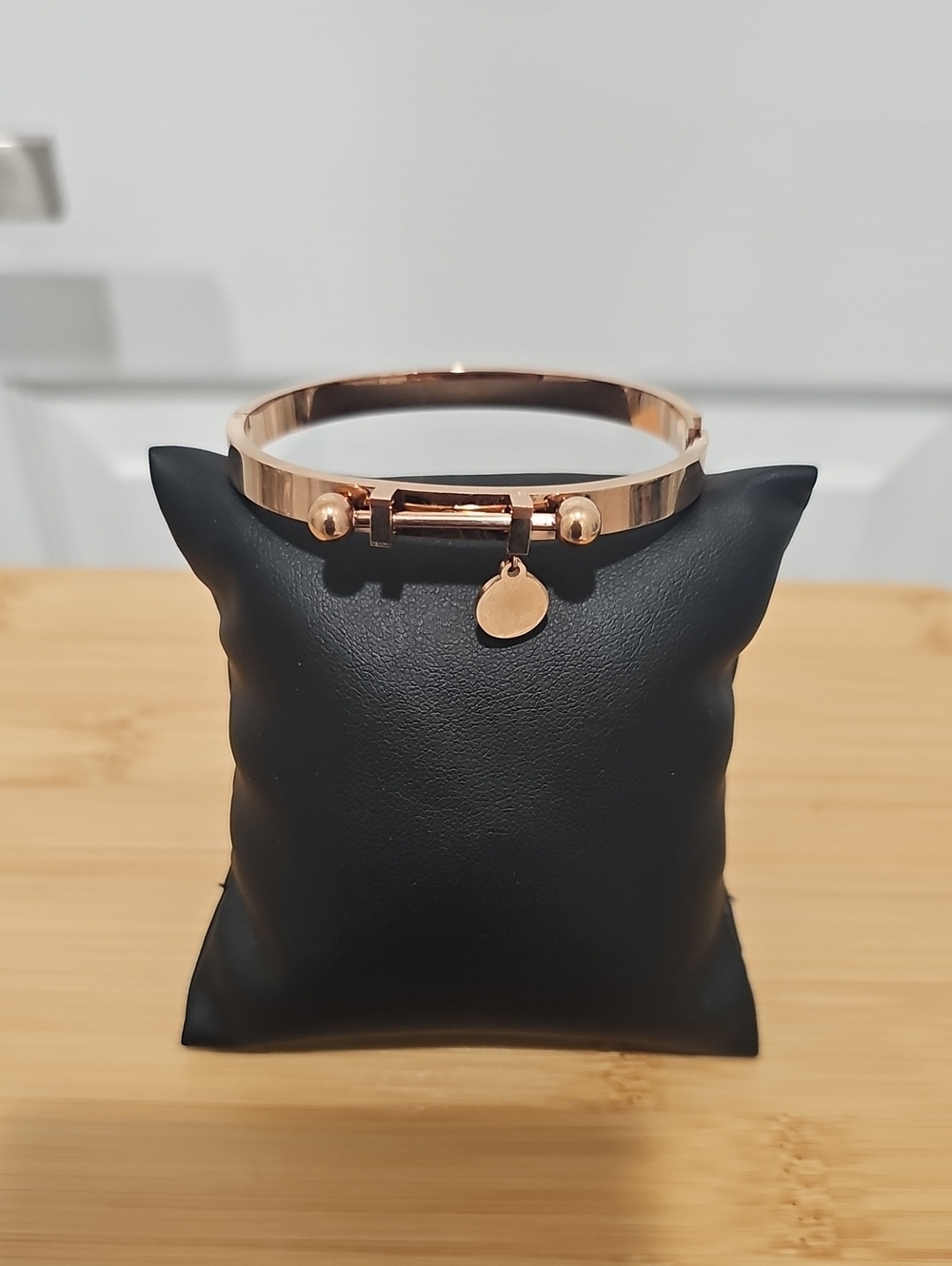 Rose Gold Stainless Steel Hinged Bangle Bracelet with Disc Charm